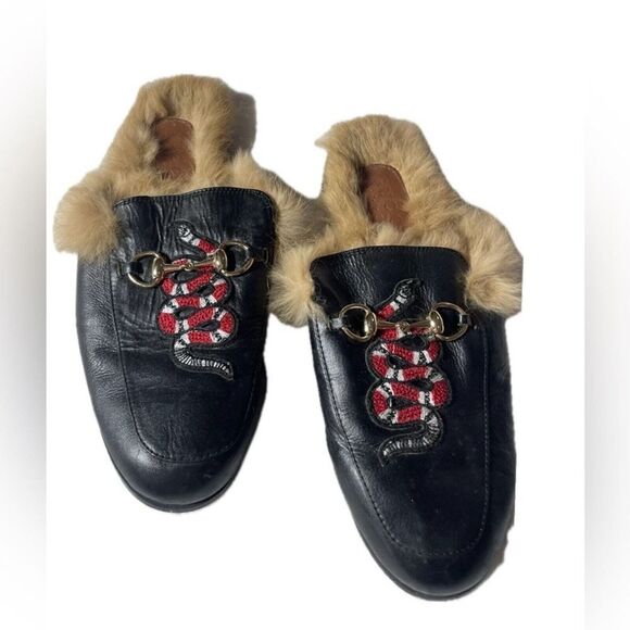 Gucci Black Leather Princetown Lion Heart Slipper Mules size 42/8 - Picture 1 of 13